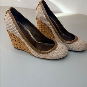 Tory Burch Brown and Cream Woven Wedges